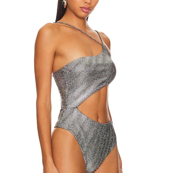 Superdown Silver Python One Shoulder Bodysuit SMALL Metallic Cutout Top $58 NEW - Picture 2 of 9